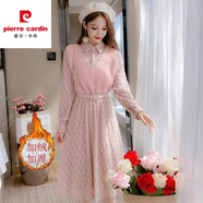 皮爾卡丹羊毛針織連衣裙女蕾絲2026年新款秋冬季配d衣的長(cháng)裙子加厚過(guò)膝內 粉色加絨 3007A XL