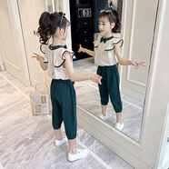 奧米鼠童裝女童套裝夏裝韓版女孩花邊短袖防蚊褲兩件套中大兒童洋氣衣服 綠色 150 建議身高1米4左右