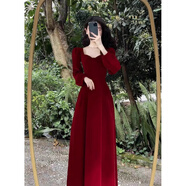 現(xiàn)寶蓮復(fù)古赫本風(fēng)絲絨紅色連衣裙女春季2024法式長(zhǎng)裙新娘訂婚敬酒服 紅色絲絨連衣裙1133 L