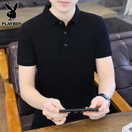 花花公子（PLAYBOY）短袖t恤男翻領(lǐng)夏季潮流POLO領(lǐng)衫半袖棉夏款高端體恤男裝上衣 TX 25111黑色 XL (125-135斤)