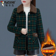 啄木鳥(niǎo)秋冬女士格子毛呢短外套女2025新款大碼百搭中年媽媽加厚加絨上衣 綠色【加絨】 加厚 4XL 建議140-155斤