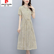 皮爾卡丹純棉有領(lǐng)碎花連衣裙女2025年新款夏季收腰中長(cháng)款減齡洋氣休閑裙子 杏色 L 100-125