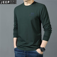 JEEP SPIRIT吉普休閑圓領薄長袖t恤男寬松春秋莫代爾彈力棉質(zhì)柔軟體恤打底衫 墨綠 M (170/92A) 建議120-130斤