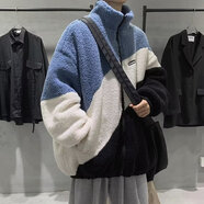 奈加圖港風(fēng)羊羔毛絨外套男冬季韓版潮流棉衣男青少年棉服ins外套男 藍(lán)拼白 L 120-140斤