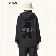 FILA斐樂官方女裝外套秋季上衣多彩潮流加絨保暖開衫連帽小熊外套 正黑色-F51W138599FBK(加絨) 175/92A/XL