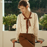 Olrain歐芮兒奶杏色毛衣女初秋新款寬松復(fù)古系帶軟糯風(fēng)套頭衫 奶杏色 S