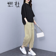 姍樸 大碼女裝時(shí)尚休閑套裝韓版夏季新款寬松顯瘦胖妹妹遮肚子藏肉減齡洋氣港味微胖mm時(shí)髦氣質(zhì)套裝兩件套 5036Y#黑色上衣+5037K#卡其褲子 2XL【建議125-140斤】