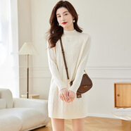 歌米拉（Gemila）中長(cháng)款麻花毛衣女秋冬加厚打底衫新款冬季內搭洋氣遮屁股上衣 白色 L 【110斤-120斤】