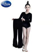 迪士尼（Disney）秋冬練功服拉丁舞服女網紅比賽服女童絲絨長袖演出訓練服套裝 V領上衣+黑色喇叭褲 130