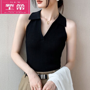 皮爾卡丹（pierre cardin）辣妹掛脖polo領(lǐng)吊帶背心女外穿夏季打底無(wú)袖針織黑色內(nèi)搭短款上衣