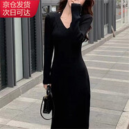 宙馨針織連衣裙2025春秋新款設計感修身顯瘦長(cháng)裙內搭V領(lǐng)氣質(zhì)打底裙 黑色 均碼 最大125斤