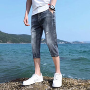 浩術(shù) 夏季牛仔短褲男士修身七分褲潮流夏天薄款寬松破洞乞丐7分褲馬褲 L89淺藍 L 褲腰帶松緊請慎拍