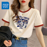 真維斯（JEANSWEST）t恤女夏季裝新款純棉短袖上衣服女裝寬松撞色休閑慵懶風(fēng)正肩半袖 米磚紅 兔子三連拍 M