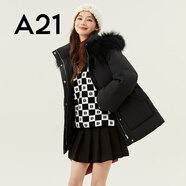 A21女裝氣質(zhì)減齡毛領(lǐng)小廓形寬松羽絨服日系保暖加絨外套潮 黑色 S