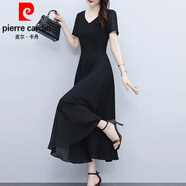皮爾卡丹（pierre cardin）短袖雪紡連衣裙收腰顯瘦氣質(zhì)修身長裙子女夏季沙灘度假裙小黑裙針 黑色 2XL 126-138斤