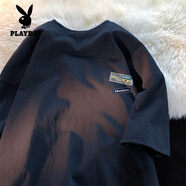 花花公子（PLAYBOY）純棉短袖t恤男士夏季新款寬松圓領(lǐng)重磅高街男生半袖休閑上衣潮牌 深藍 M