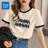 真維斯（JEANSWEST）t恤女夏季裝新款純棉短袖上衣服女裝寬松撞色休閑慵懶風正肩半袖 米藏青 歡呼青 L