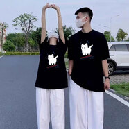 倉石一樹(shù)倉石一樹(shù)潮牌卡通貓咪白色短袖T恤男夏季寬松大碼重磅涼感情侶裝 黑色 2XL
