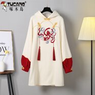 啄木鳥(niǎo)中式國風(fēng)刺繡改良漢服女秋冬2025新款大碼加絨加厚衛衣長(cháng)袖連衣裙 杏色 XL (參考115-130斤)