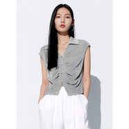 太平鳥(niǎo)女裝設計感抽褶T恤夏季翻領(lǐng)針織簡(jiǎn)約小眾短袖上衣女通勤 灰色 S