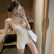 新臣作純欲風(fēng)性感露背碎花吊帶連體褲夏季度假風(fēng)泳衣設計感睡衣家居服 杏色帶胸墊 S