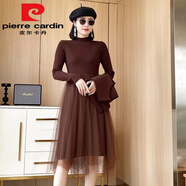 皮爾卡丹（pierre cardin）小香風(fēng)黑色打底針織連衣裙女秋冬修身顯瘦純色百搭網(wǎng)紗拼接毛衣裙 咖啡色 【不規(guī)則下擺】 均碼 85-135斤