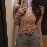 薄款女生顯胸大性感低胸T恤體恤打底衫300斤設計感小眾性感v領(lǐng)抽繩長(cháng)袖t恤女內搭上衣打 卡其色 L 建議100-120斤