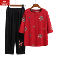 俞兆林（YUZHAOLIN） 中老年女装奶奶夏装时尚短袖妈妈装套装2022新款夏季宽松大码薄 FW2235  红色（套装） 6XL（建议160-180斤）