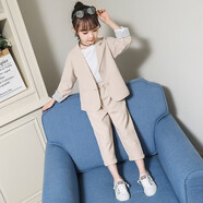 恒孞童裝女童套裝春秋裝兒童西服2021新款韓版洋氣中大童小女孩西裝時(shí)髦兩件套 杏色 150cm