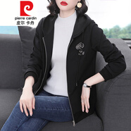 皮爾卡丹 (輕奢高端)棒球服女2021年女士短外套春秋薄款休閑運(yùn)動(dòng)開(kāi)衫夾克春裝西服女針織 黑色連帽款-春款-6199 M