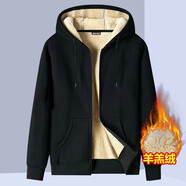 嘉曄2023新款套裝冬季休閑運動(dòng)套裝男士加絨加厚保暖開(kāi)衫衛衣褲子 黑色上衣 XL