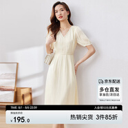 尚都比拉夏季復(fù)古V領(lǐng)花邊溫潤(rùn)光澤感泡泡袖過(guò)膝中長(zhǎng)款連衣裙 杏色 M 