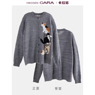 卡拉貓（HIKOSEN CARA）長袖圓領(lǐng)毛衣襯衫紐扣寬松日本貓咪女針織衫 銀鼠灰 165/92A