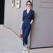 依伊純氣質(zhì)女神范牛仔連體褲女2024春秋季新款收腰顯瘦感連衣褲套裝 圖片色 M
