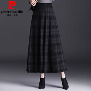 皮爾卡丹格子針織大擺裙中長(cháng)款高腰a字半身裙女秋冬加厚毛線(xiàn)百褶裙長(cháng)裙子 灰色格 S 8090斤