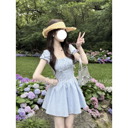 南啵丸【氧氣妹妹】夏季少女田園風(fēng)連衣裙收腰格子款中長(cháng)裙初戀感長(cháng)裙 短裙（贈送運費險） S