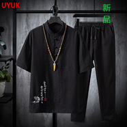 UYUK國風中國風套裝男唐裝男潮牌復古外套中式漢服古裝冰絲短袖T恤男青年 TZ026黑色 3XL