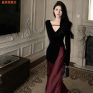 藏顏2023新款名媛風(fēng)春秋復古欲風(fēng)高冷御姐v領(lǐng)長(cháng)袖開(kāi)叉半身裙兩 上衣+裙子【套裝】 S