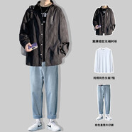 良茨胖子大碼240斤長(cháng)袖襯衫男生春秋款休閑格子襯衣潮牌寬松外套上衣 三件套（黑襯衫+T恤+牛仔褲） 3XL 170-190斤