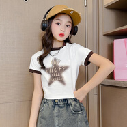 童榜女童套裝夏裝新款女孩衣服中大童學(xué)生T恤牛仔短裙夏季兒童洋氣 白T恤（只有上衣） 150 建議身高140-145CM