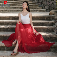 皮爾卡丹（pierre cardin）夏季新款波西米亞雪紡復古舞蹈八米大擺半身裙拖地長(cháng)裙飄逸仙女裙 紅色 XL 170以上
