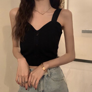 KAHTOP2025夏新款小吊帶薄款外穿法式別致針織短款背心ins百搭小吊帶MQQ 港味愛心紐扣款黑色 均碼 彈力均碼(建議70-120斤)