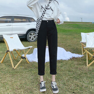 自由探戈白色哈倫牛仔褲女2025秋季新新款高腰寬松九分蘿卜褲老爹褲子 黑色(長(cháng)褲) L