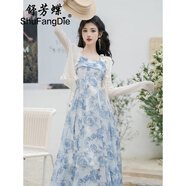舒芳蝶（shufangdie）法式碎花淺藍(lán)色方領(lǐng)吊帶連衣裙超仙海邊度假沙灘裙別致絕美兩件套 藍(lán)色裙子+米白開衫 M