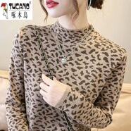 啄木鳥(niǎo)（TUCANO）德絨半高領(lǐng)打底衫女秋冬新款印花氣質(zhì)修身保暖T恤內搭上衣潮媽m媽 卡其色【豹紋】 XL 建議130-145斤