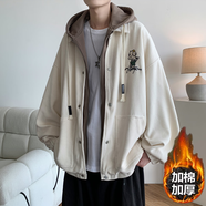 普戈斯（PUGESI）棒球服男外套春秋季胖子加大碼新款潮流寬松百搭拼色圓領(lǐng)夾克 J853杏色冬季加棉加厚連帽款 L