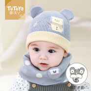 圖涂丫寶寶嬰兒帽子秋冬季防風(fēng)護耳1-3歲2男女兒童毛線(xiàn)保暖加絨6-12個(gè)月 水灰（純棉內襯） （帽子+圍脖+手套）大碼