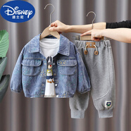 迪士尼（Disney）男童秋裝套裝2024新款兒童牛仔痞帥外套男寶寶春秋三件套男孩衣服 藍(lán)色-彩印兔牛仔三件套 90cm