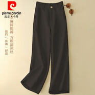 皮爾卡丹（pierre cardin）棉麻闊腿褲女高腰垂感長(cháng)褲亞麻寬松休閑2024新款春夏薄款直筒褲子 黑色長(cháng)款 L:110-120