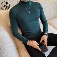 單曲循環(huán)潮牌男士中領(lǐng)長(cháng)袖彈力打底衫修身秋冬季新款百搭舒適T恤 墨綠色 XL